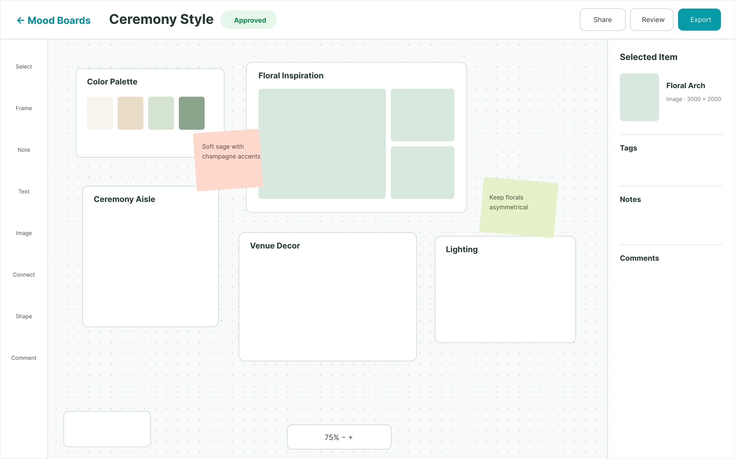 Collaborative Mood Board editor with movable images, colors, notes, and references.