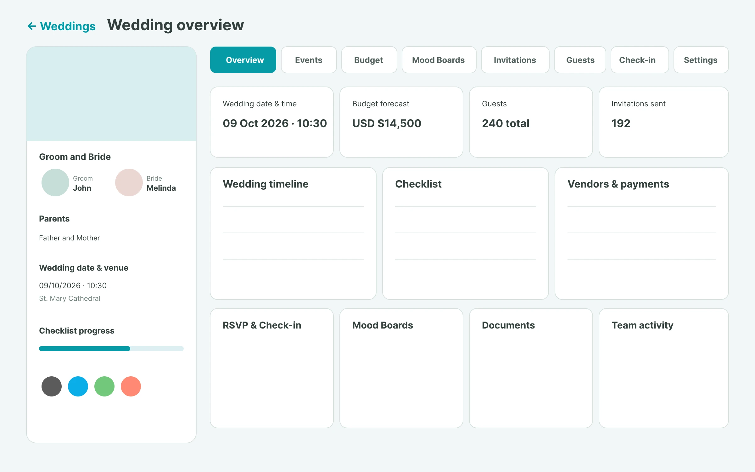 Wedding overview with planning progress, upcoming work, and the latest team activity.